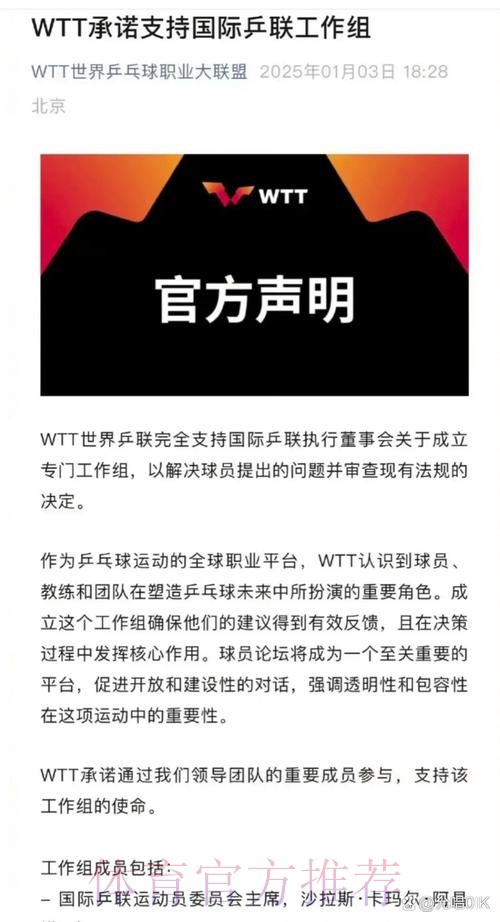 WTT世界乒联支持国际乒联成立专门工作组